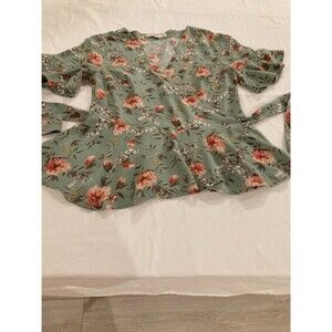 Loft Sage Green Floral Surplice Wrap Peplum Blouse Top S